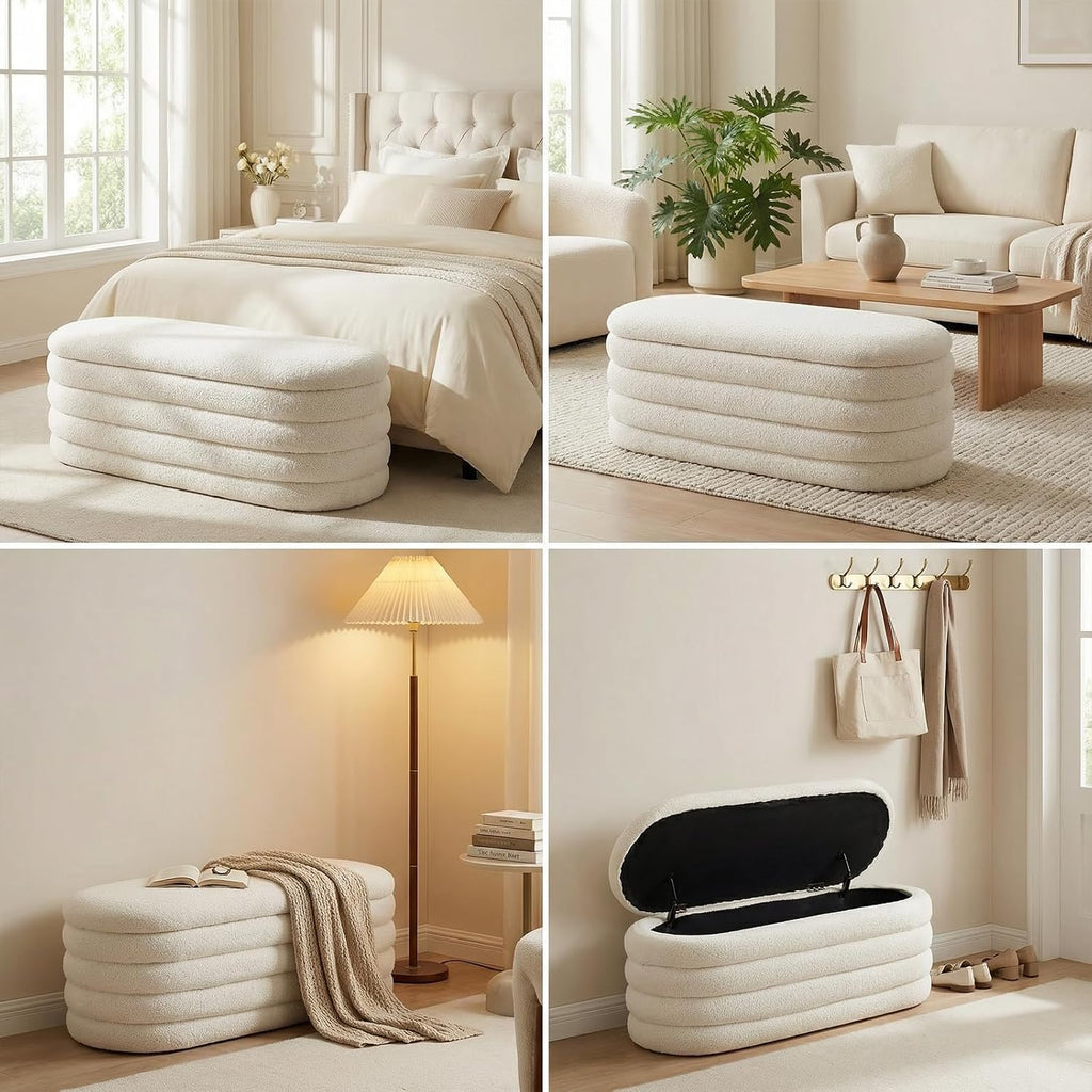 Storage Ottoman Bench, 45'' Upholstered Boucle Ottoman with Storage, Aesthetic Bedroom Bench Entryway, Beige