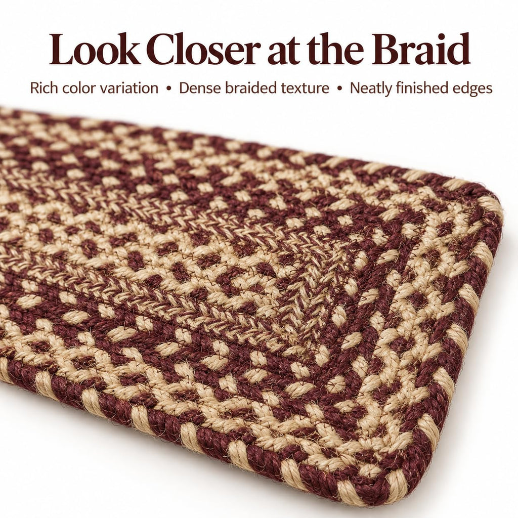 Rustic Trails Jute Stair Tread, Burgundy & Tan, 8x28, Rect.