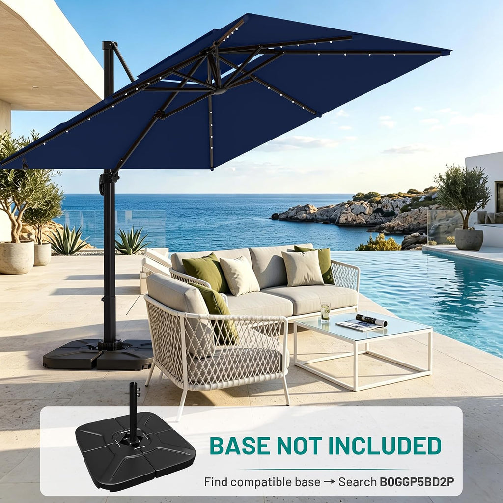 11×11FT Solar LED Cantilever Umbrella, Double-Top Outdoor Patio Offset with 360 Degree Rotation