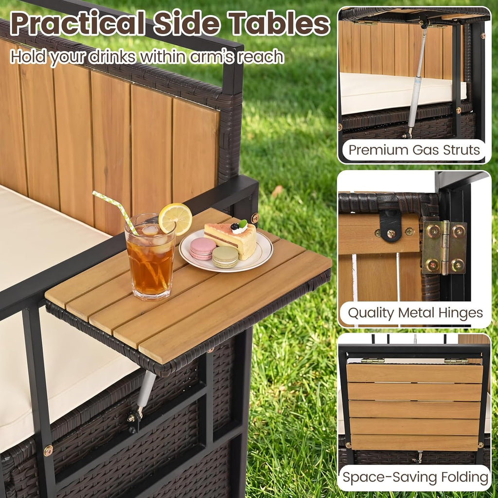 Outdoor Storage Bench, Outside Cushioned Loveseat Seating with Acacia Wood Backrest, 2 Folding Side Tables & 2 Doors