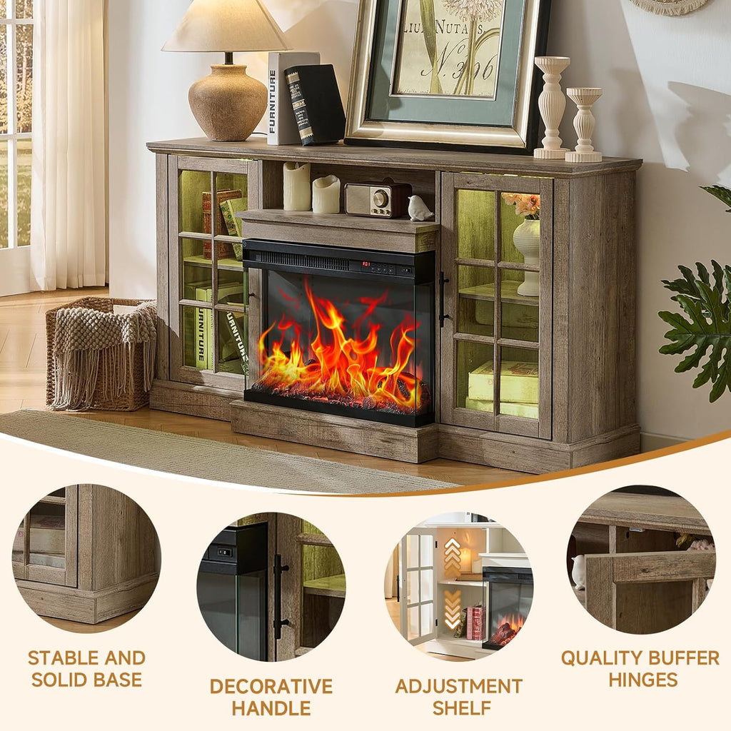 3 Sided Glass 59" Fireplace TV Stand for TVs up to 65inch, Media Entertainment Center with Glass Door Storage