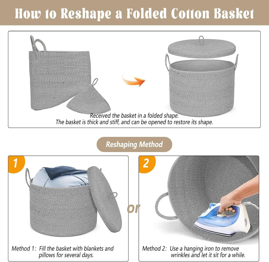 21" x 18" Extra Large storage baskets,Decorative blanket basket with lid ,rope baskets with lid,wicker hamper