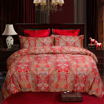 Boho Bedding Sets Cal King Bohemia 3Pcs Damask Duvet Cover Double Side Red Paisley Pattern Bedding 100% Egyptian