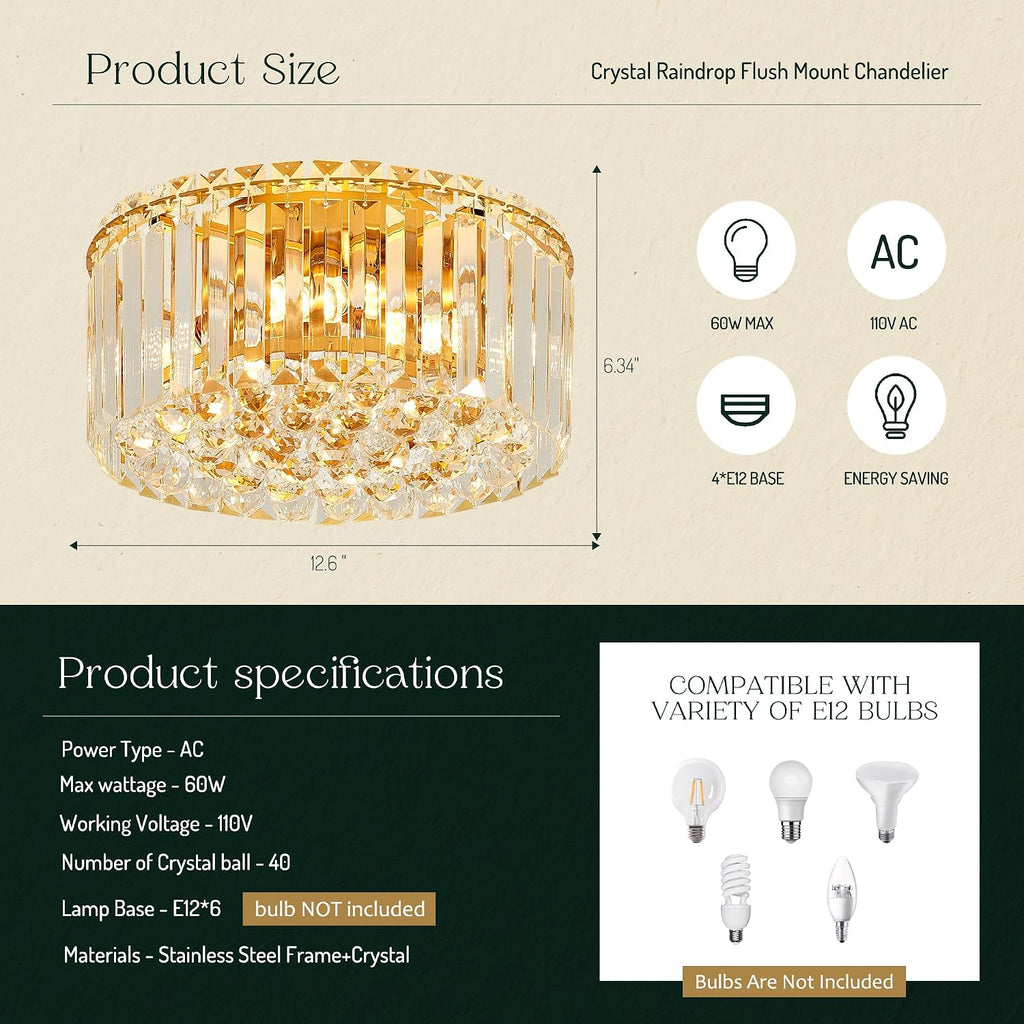 12.6" Gold K9 Crystal Raindrop Flush Mount Ceiling Light, Modern Chandelier, Round Luxury Light Fixture
