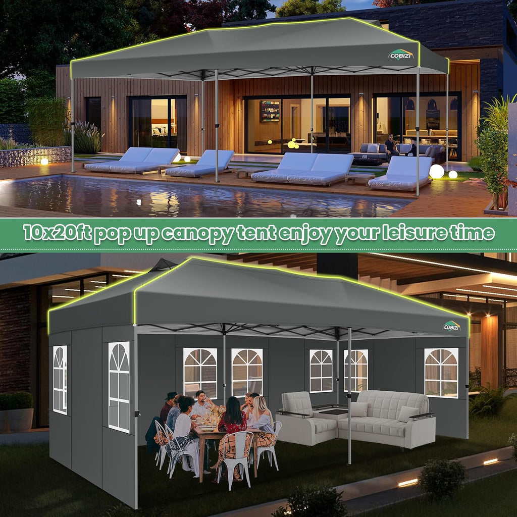 10x20 Pop Up Canopy Tent with 6 Removable Sidewalls, Outdoor, Gray | One-Push Setup, Air Vent, 3 Adjustable Heights