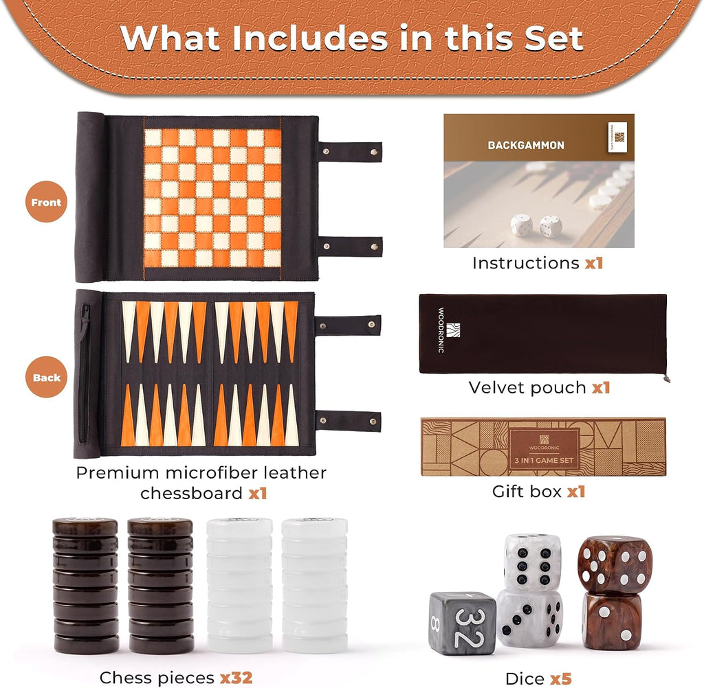 3 in 1 Travel Chess Checkers Backgammon Set, Roll-up Leather Backgammon Game Set with 32 Pearl Textured Pieces and 5