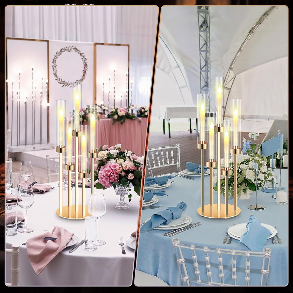 2 Set Gold Candelabra Centerpieces for Tables, 26.8 Inch 5 Arm Candle Holders with LED Candles and Acrylic Cylinders