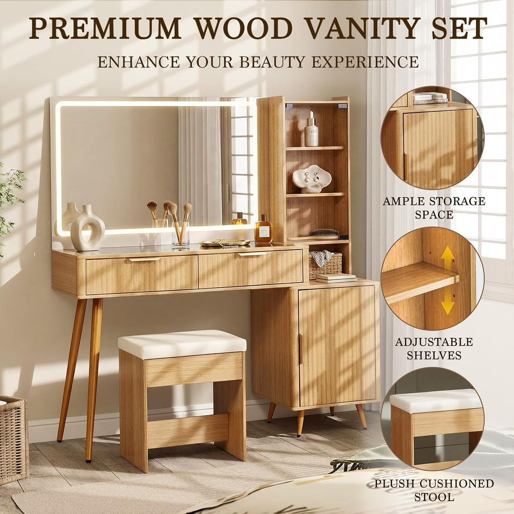 40" Fluted Makeup Vanity Desk with Lighted Mirror, Glass Top & Charging Station, Vanity Set with Upholstered Stool