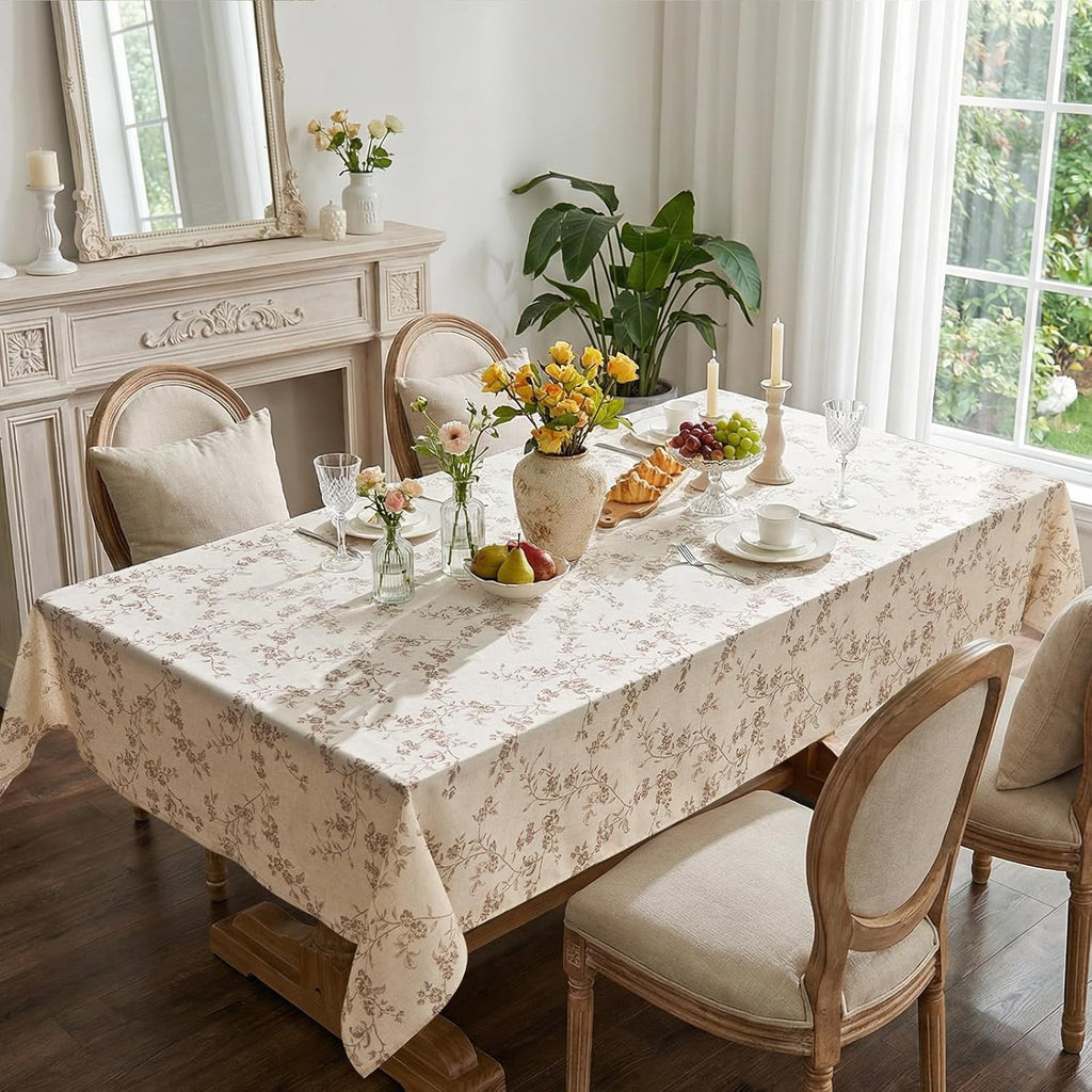 Rectangle Tablecloth - 52 x 70 Inch - Beige Linen Table Cloth - Farmhouse Floral Print Washable Tabl