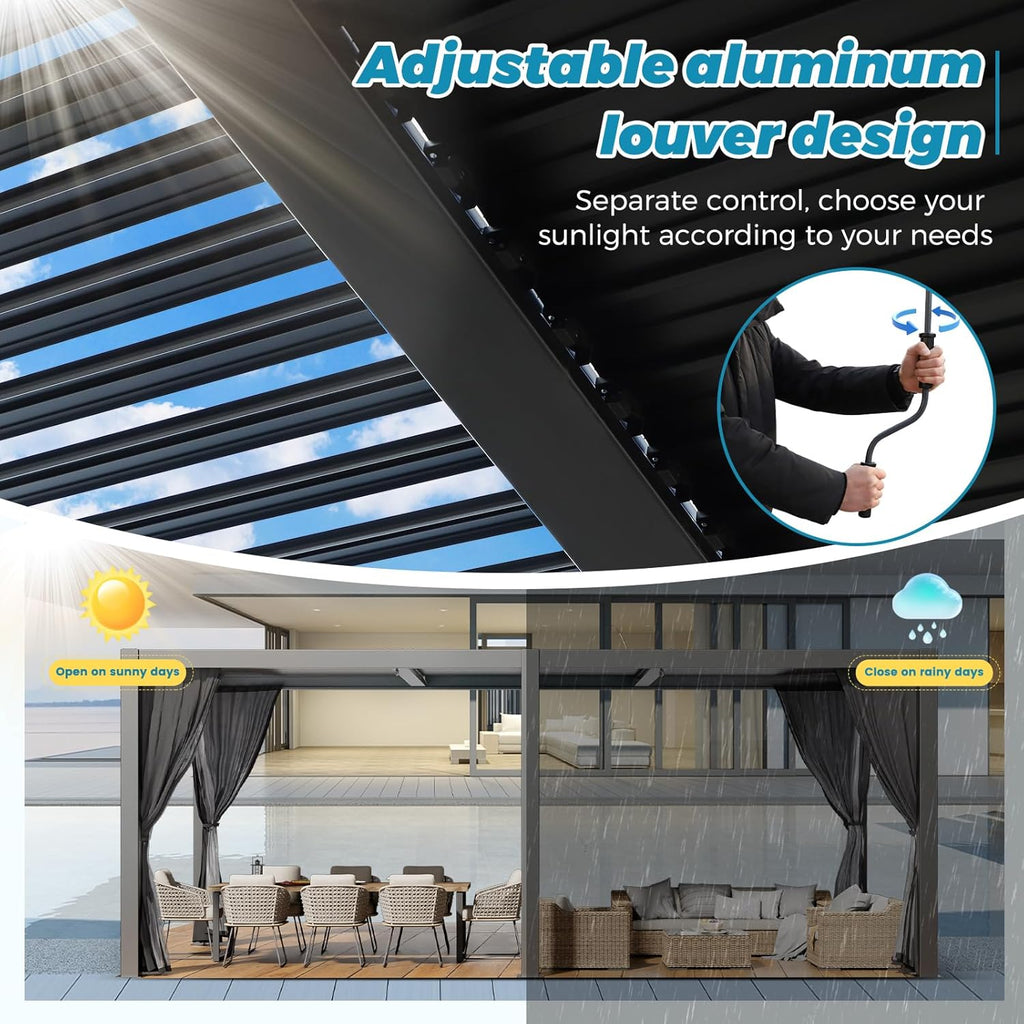 Outdoor Louvered Pergola 10' x 20', Aluminum Pergola with Adjustable Roof