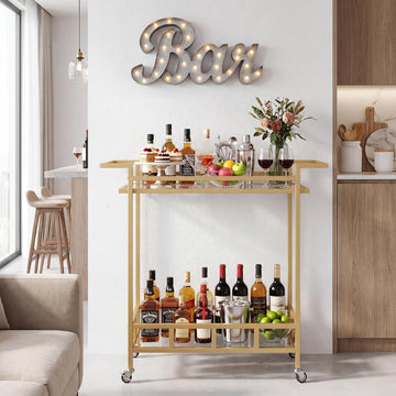 Gold Bar Carts for the Home, Bar Serving Cart with 2 Glass Shelves | Kitchen Beverage Cart / Liquor Cart for the