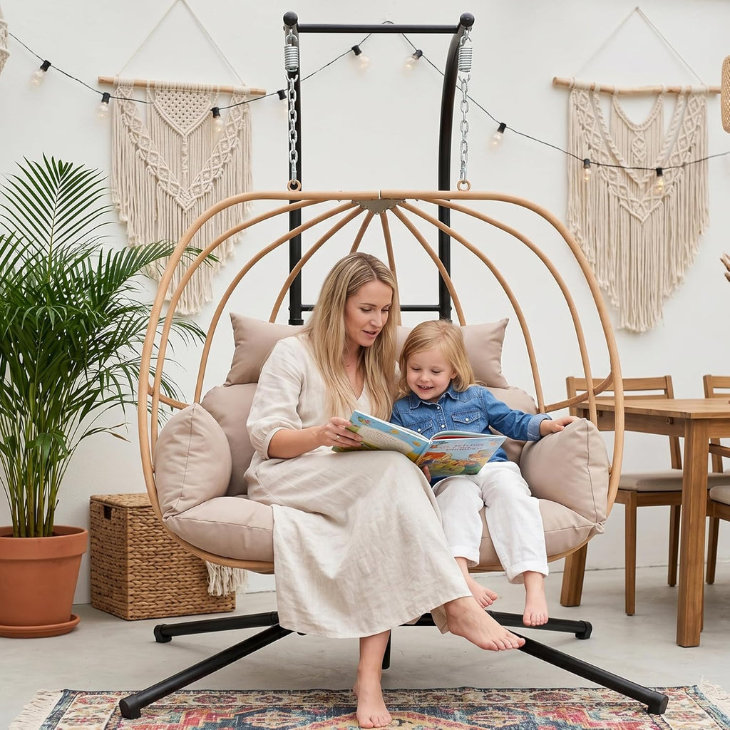 Double Egg Chair Outdoor, Egg Swing Chair with Stand, Hanging Swing Chair Outdoor with Cushions/Headrest, 80" H