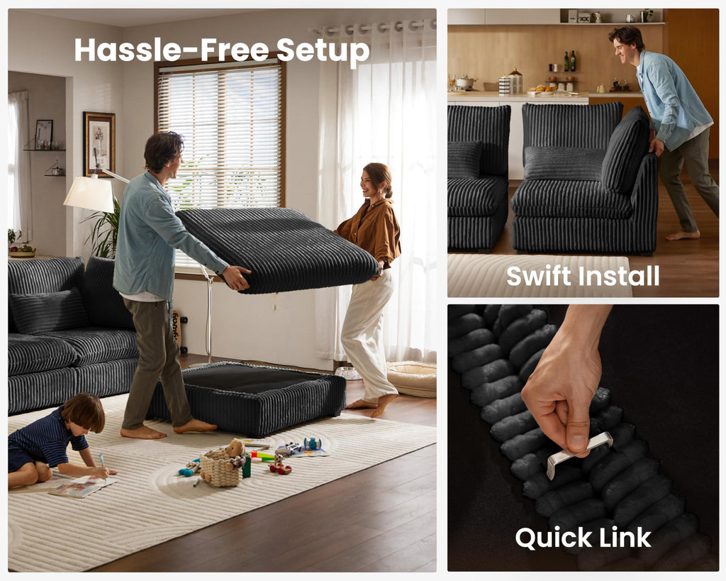 154" Oversize Corduroy Modular Sectional Sofa Couches, Black