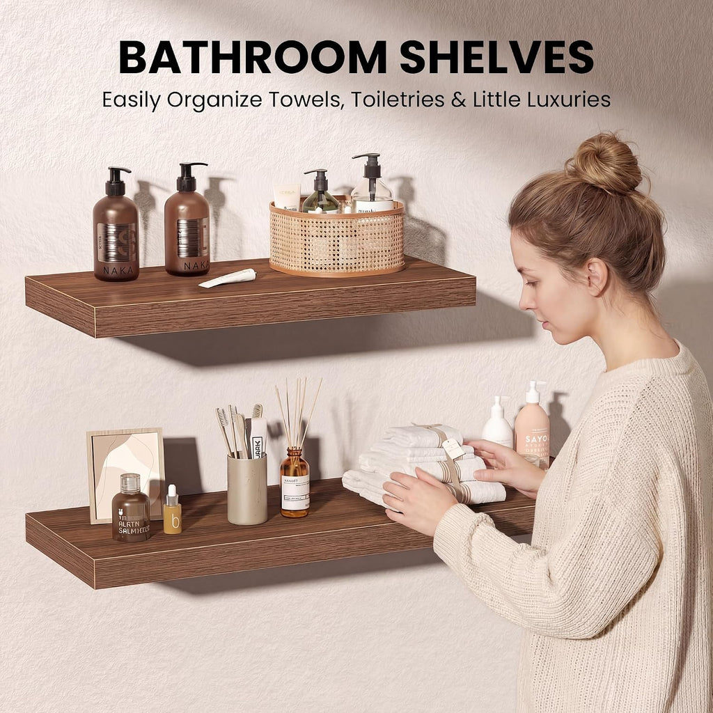 10" Deep Floating Shelves with Invisible Brackets, 24" Wall Shelves Bedroom Living Room, Modern Rustic Shelves Decor
