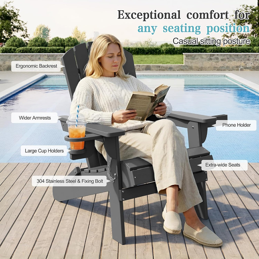 Folding Adirondack Chairs Set of 2,HDPE All-Weather Patio Chairs with Cup Holder & Phone Holder,Wooden Textured Fire