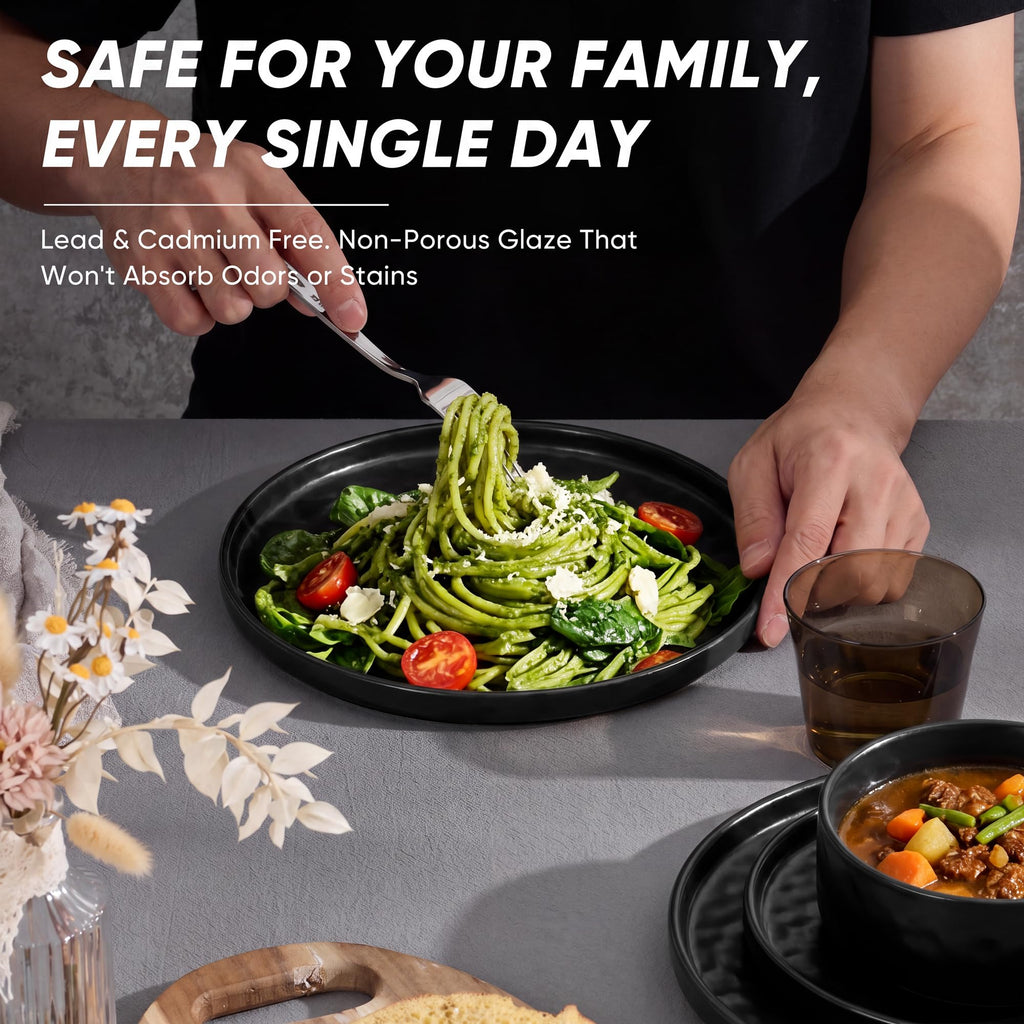 Black Plates and Bowls Sets, 12-Piece Stoneware Dinnerware Set for 4