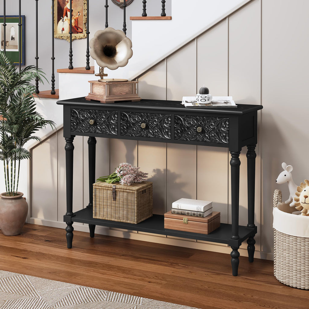 42" Carved Entryway Console Table with 3 Drawers, Black