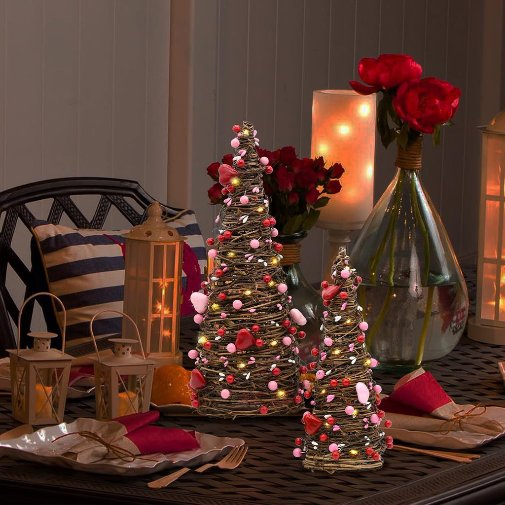 Valentines Day Rattan Table Tree Decor,Lighted Valentines Day Decorations - Set of 2