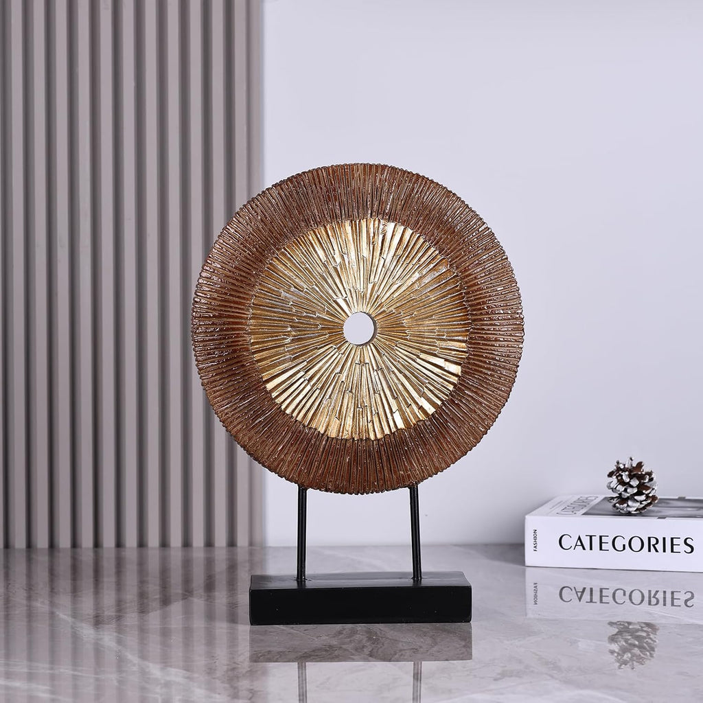 Wood Color Round Irregular line Statue, Unique Home Sculpture for Cabinet Above Coffee Table, entryway Table top TV