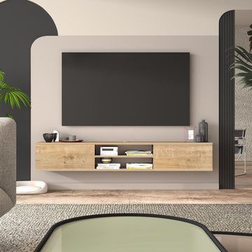 Oak Floating TV Stand Under TV Shelf, Wall Mounted Shelf, Modern Floating Entertainment Center, 71" Large Storage