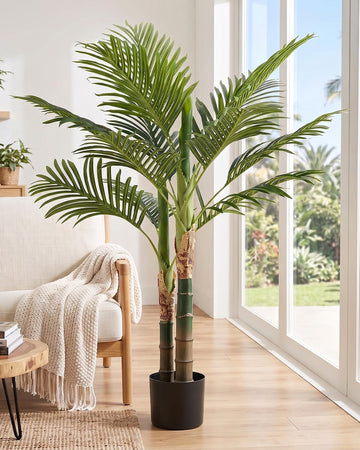 47in Artificial Palm Tree, Realistic Faux Indoor Floor Plant with Lifelike Leaves and Black Planter Pot, Maintenance