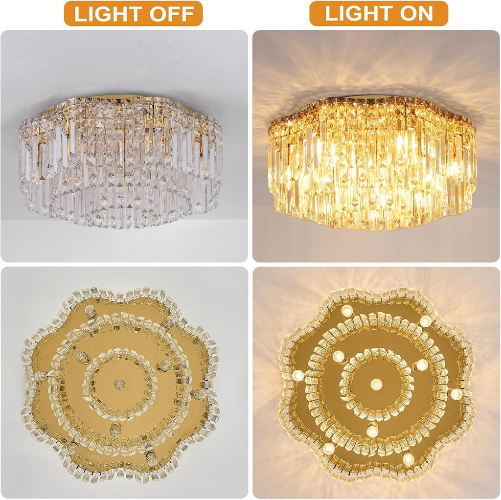 Flush Mount Crystal Chandelier, 24 inch Modern Crystal Ceiling Lights with Warm White Light Bulb (2700K), Flush Mount