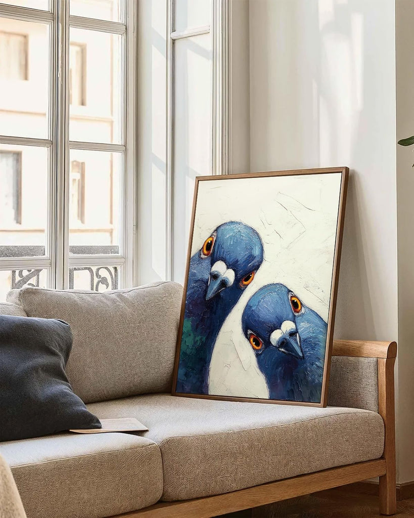 Framed Funny Pigeons Bathroom Wall Art Blue Bird Canvas Art Prints Quirky Wall Decor Pictures Whimsical Paintings