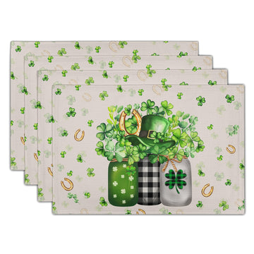 12"x18" Patrick Vases Placemats Set of 4 Lucky Shamrocks Horseshoes Mason Jars Place Mat Spring Clovers Leaf Elf Hat