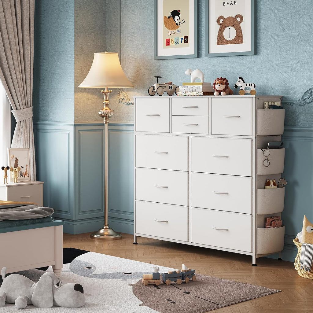 10 Drawer White Fabric Dresser , Side Pockets Chest | White Fabric chest of drawers with side pockets & hooks