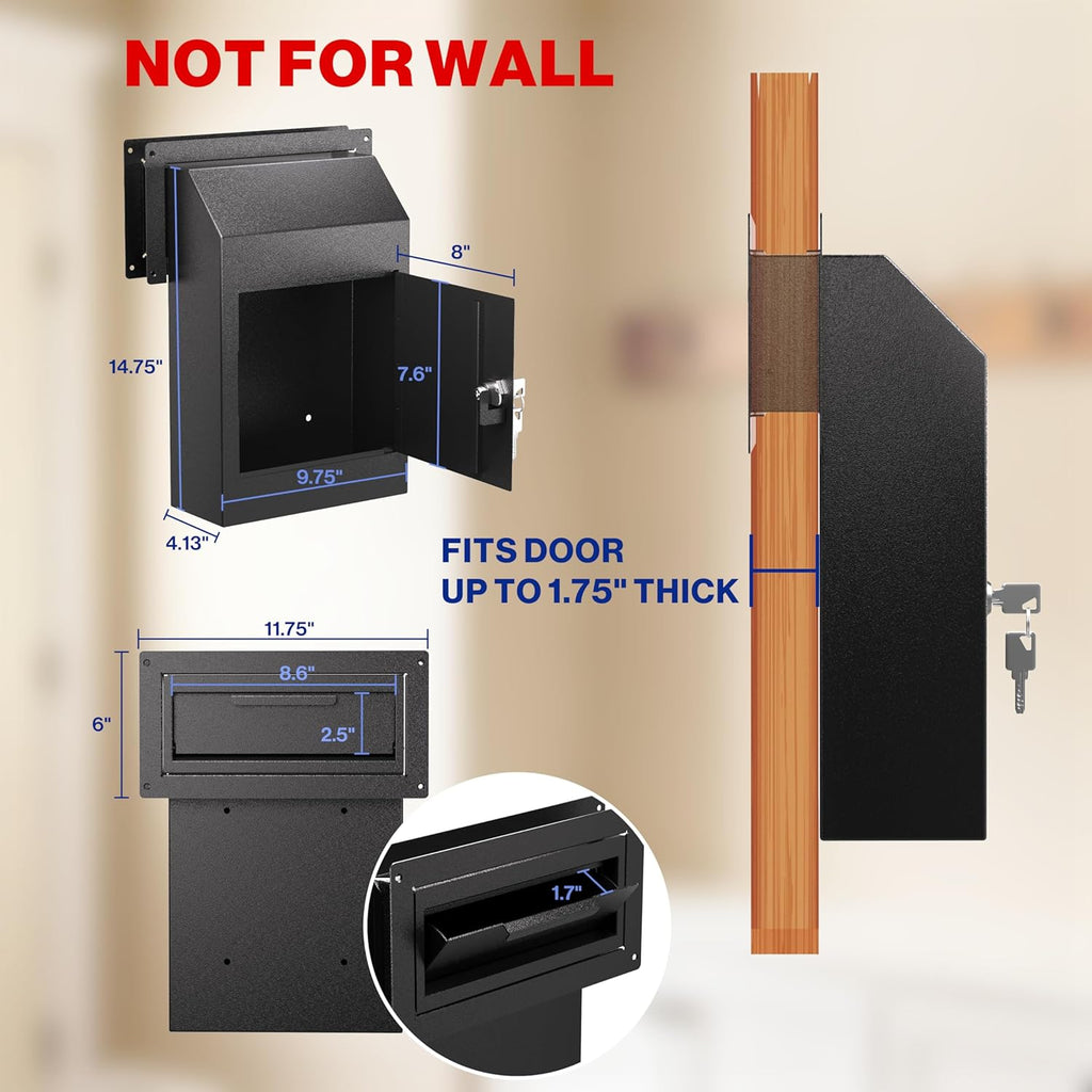 Door Drop Box for Mail, Rent, Deposit, and Night Key - Through The Door Locking Steel Mailbox with Rear Access (Black)