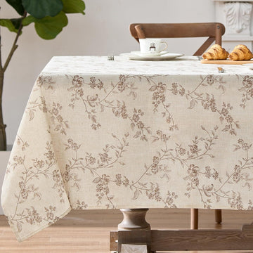 Rectangle Tablecloth - 52 x 70 Inch - Beige Linen Table Cloth - Farmhouse Floral Print Washable Tabl