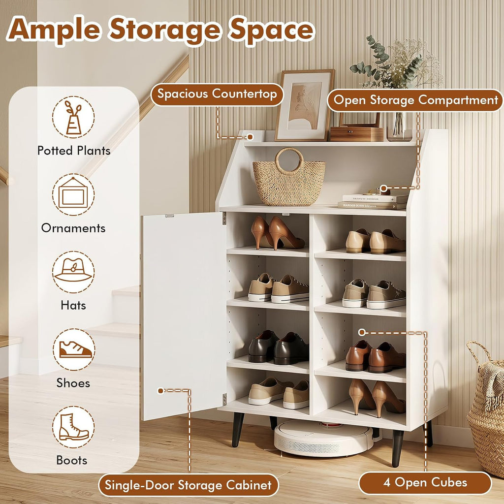 Shoe Storage Cabinet w/Single-Door, Adjustable Shelves | 7-Tier Entryway Cabinet w/Open Compartment, Anti-Tipping
