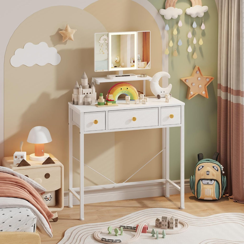 Small Makeup Vanity Desk 27.5''W with Mirror and Lights, White | 3 Drawers, USB Lighted Mirror, Height-Adjustable