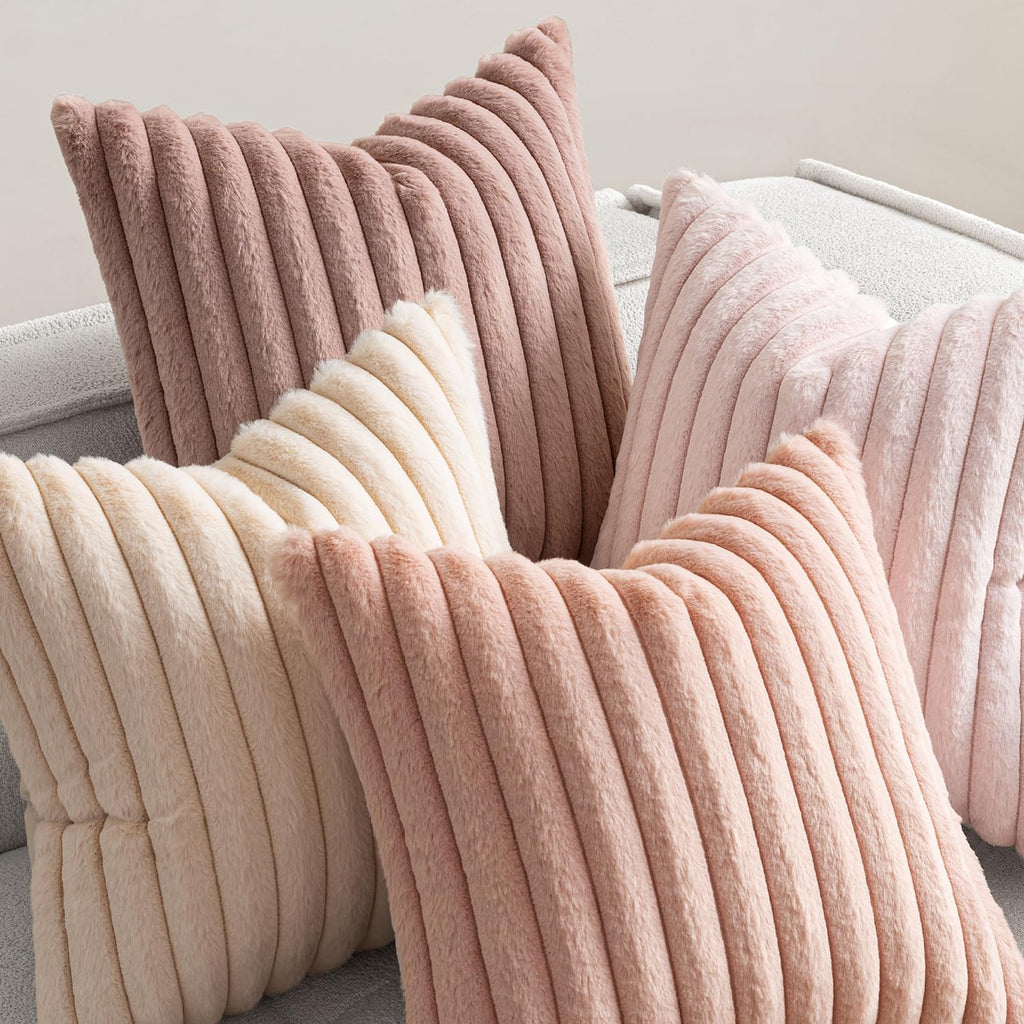 Faux Fur Plush Decorative Throw Pillow Covers 18x18 Set of 4, Valentine's Day Cute Modern Soft Romantic Fuzzy Striped