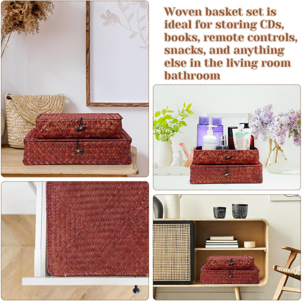 Set of 4 Seagrass Basket with Lid Wicker Storage Basket Decorative Storage Boxes with Lids Flat Storage Bins Woven