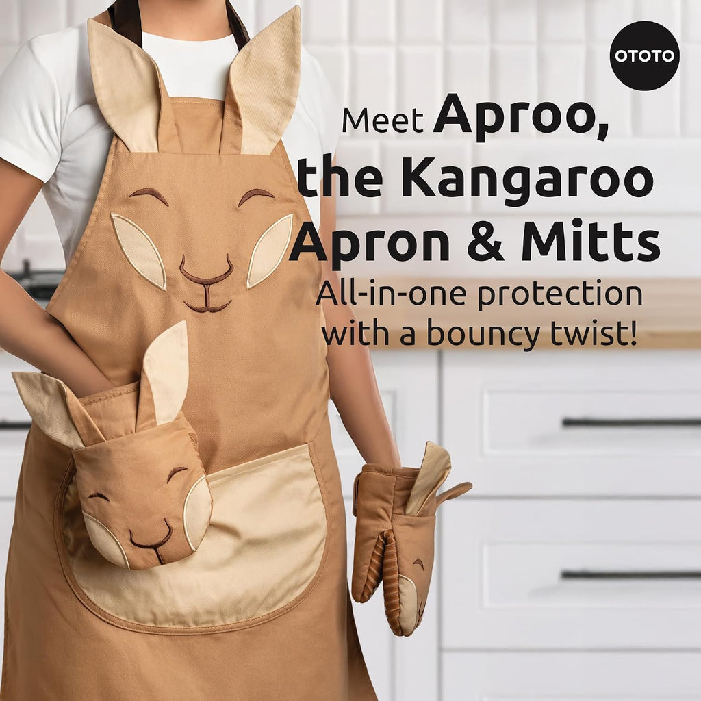 Aproo Kitchen Set - Oven Mitts and Chef Apron with Pockets, Cute Cooking Accessories, Funny Kitchen Gift, Kangaroo