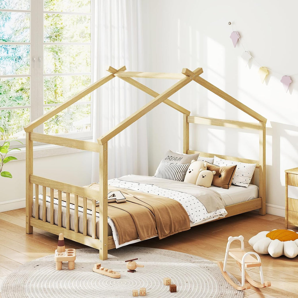 Twin Floor House Bed with Headboard & Footboard, Wood Floor Bed Frame with Roof for Boys & Girls, No Box Spring