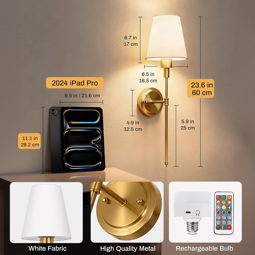 Battery Operated Wall Sconce: Set of 2 Wireless Wall Light 12000mAh, 15 Color Rechargeable Wall Sconces, Sconce Wall