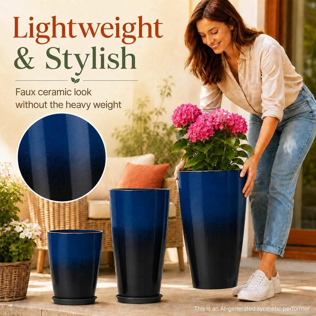 Set of 3 Tall Planter, 24/21/12in Large Planter, Dark Blue | Ceramic-Look, Lightweight, Built-in Drain Hole, Saucers