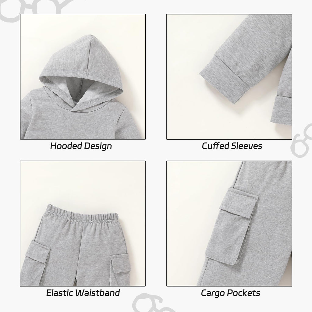 Unisex Toddler Solid Hooded Top Cargo Pants Set with Pockets