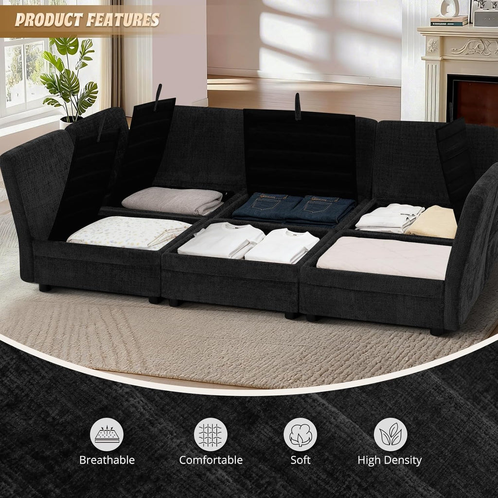 86'' Chenille Modular Couch with Removable Ottoman, 6 Seater Secional Sofa with Adjustable Backrests