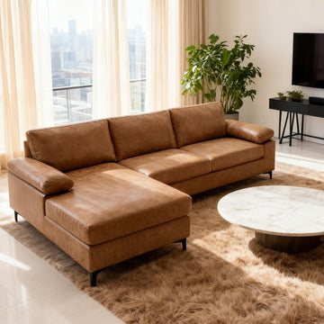 Faux Leather Couch with Reversible Chaise, Brown