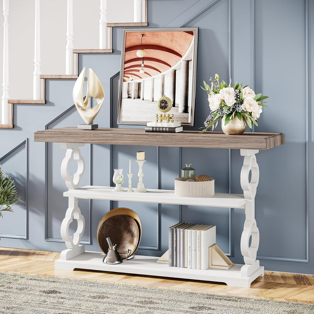Farmhouse Console Table, 55 inch Long Sofa Table with Storage Shelves, 3 Tier Wood Accent Entry Table , Entrance