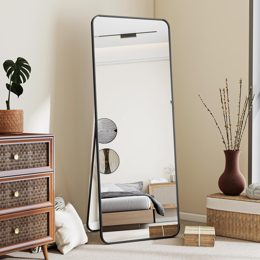 Black Full Length Mirror, 56"x21" Rounded Corner Floor Mirror Standing Hanging or Leaning Against Wall, Suitable or