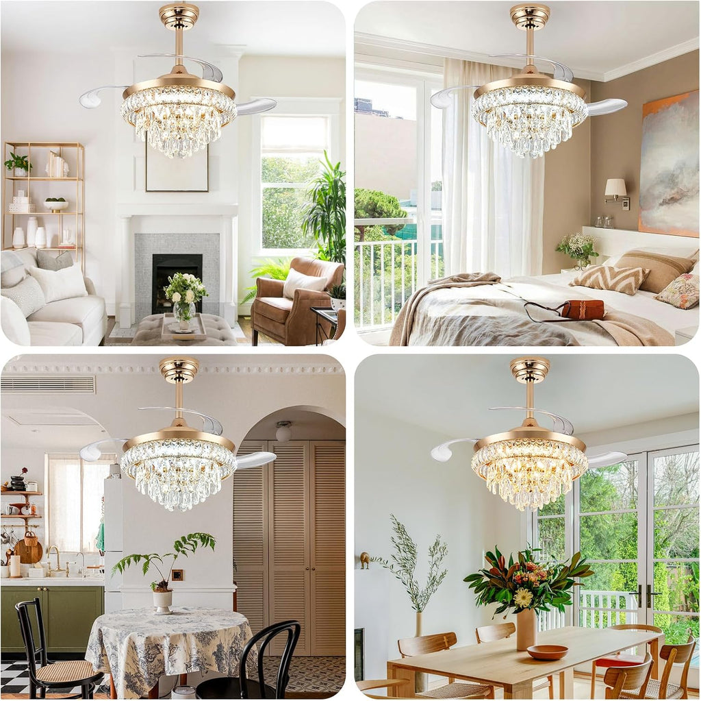 36" Crystal Ceiling Fan with Light, Retractable Blades Fandelier