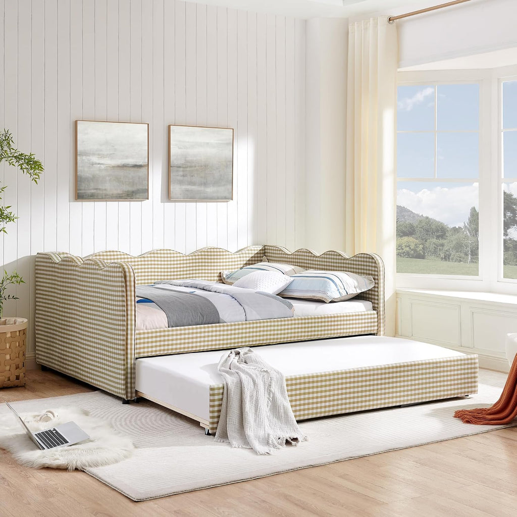 Full Size Gingham Daybed with Trundle and USB Ports | Upholstered Daybed Living Room Guest Room-Brown