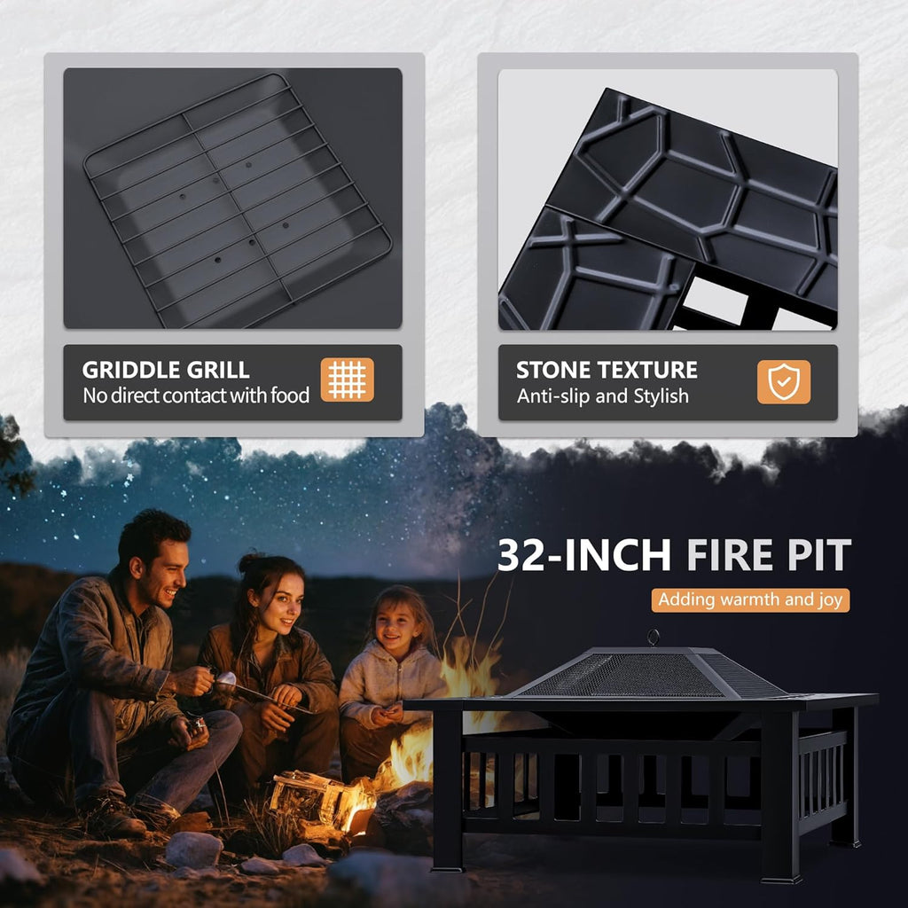 Multifunctional Patio Fire Pit Table, 32in Square Metal BBQ Firepit Stove Backyard Garden Fireplace with Spark Screen Lid and Rain Cover for Camping - Image 6