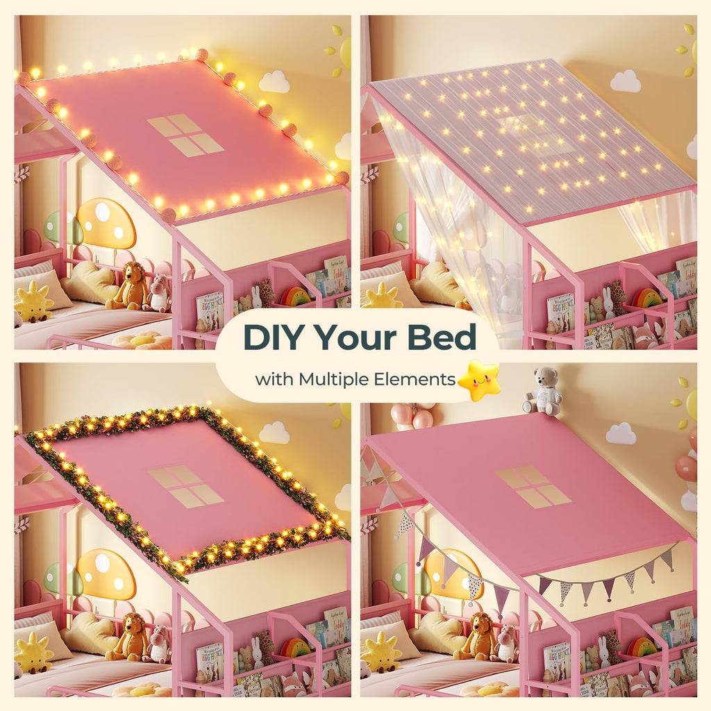 Montessori Full Size Floor Bed, Safety Guardrails, Reading Nook, Pink | House Shape, Sling Bookshelves, Storage