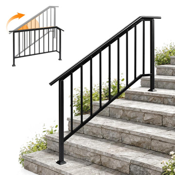 Handrails for Outdoor Steps Fits 5-6 Steps, Stair Handrail with Drainage Holes & Straight Ends, Wrought Iron Hand