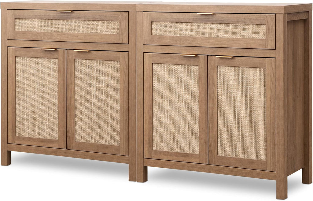 Sideboard Buffet Cabinet Set of 2, Rattan Credenza Storage Cabinet, Boho Buffet Table Console Cabinets with Drawer